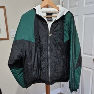 ADIDAS MENS SKI COAT, Hood, NWOT, Green and Black, Large Logo, small